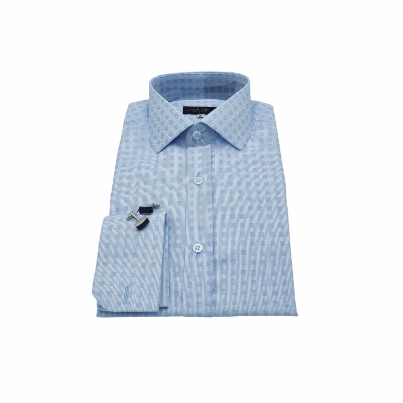 Camisa Azul Italiana Xadrez Punho Duplo