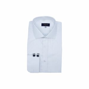Camisa branca xadrez branco italiana dobrada vista de cima, com punho duplo e par de abotoaduras posicionadas sobre o punho