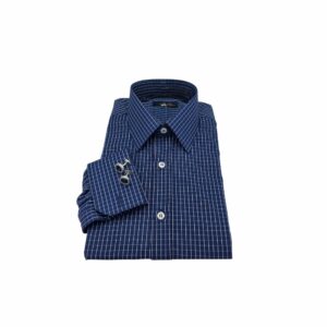 Camisa Azul Marinho Punho Duplo Xadrez Branco