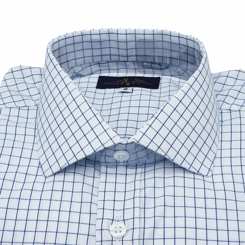 Camisa Colarinho Italiana Branca Xadrez Azul