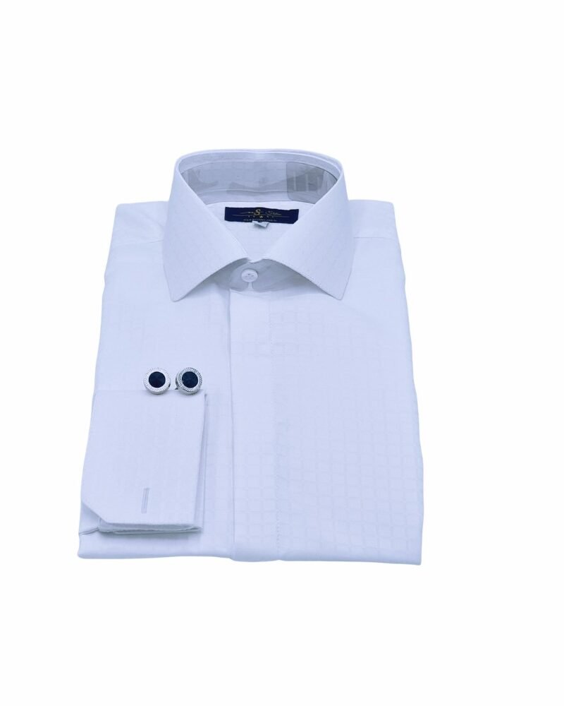 Camisa italiana branca xadrez da Ms Stilos dobrada, com colarinho italiano e punhos destacados em visão.