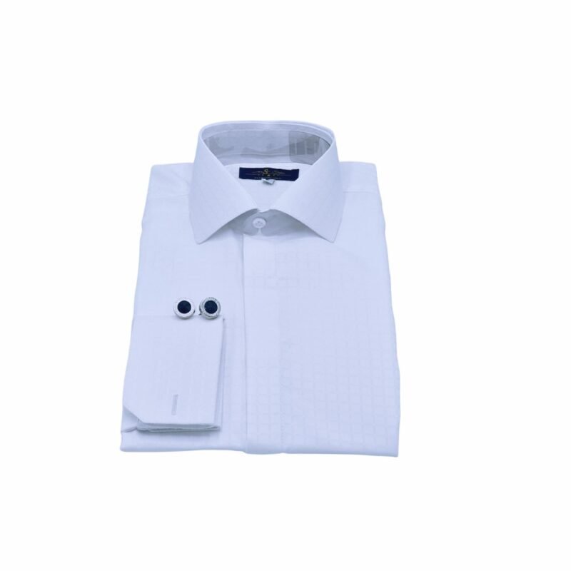 Camisa italiana branca xadrez da Ms Stilos dobrada, com colarinho italiano e punhos destacados em visão.