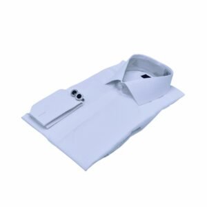 Camisa social italiana branca xadrez da Ms Stilos em visão diagonal, destacando punhos, colarinho italiano e padrão xadrez elegante.