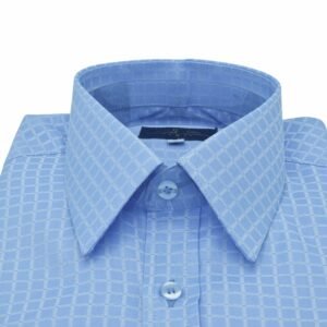 Camisa azul xadrez Ms Stilos com gola francesa rígida e estendida, ideal para ocasiões que exigem imagem de respeito e autoridade.