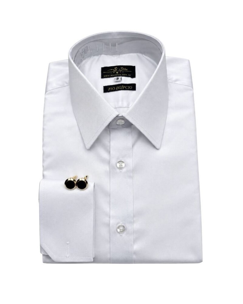 Camisa Egípcio Branca Francês Algodão e Elastano Punho Duplo