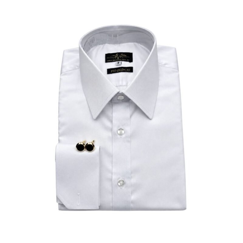 Camisa Egípcio Branca Francês Algodão e Elastano Punho Duplo