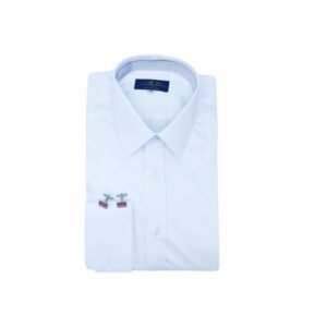 Camisa branca francesa em algodão egípcio com elastano semi slim dobrada, vista frontal, com punho duplo e abotoaduras metálicas.