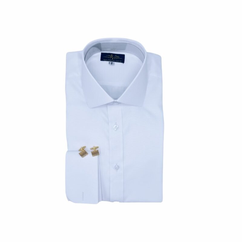 Camisa italiana branca com micro estampa semi slim dobrada, vista frontal, com punho duplo e abotoaduras douradas.