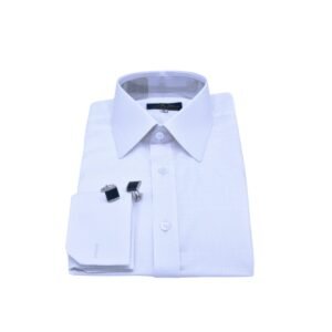 Camisa francesa branca xadrez em 100% algodão com punho duplo para abotoadura, modelagem semi slim elegante.