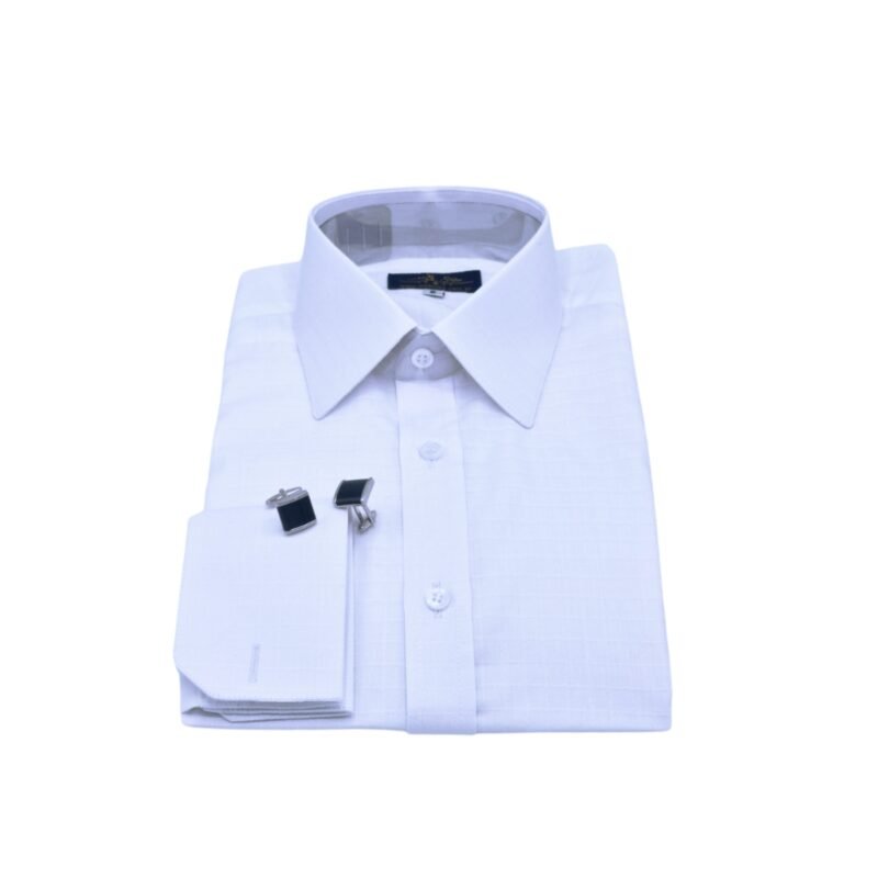 Camisa francesa branca xadrez em 100% algodão com punho duplo para abotoadura, modelagem semi slim elegante.