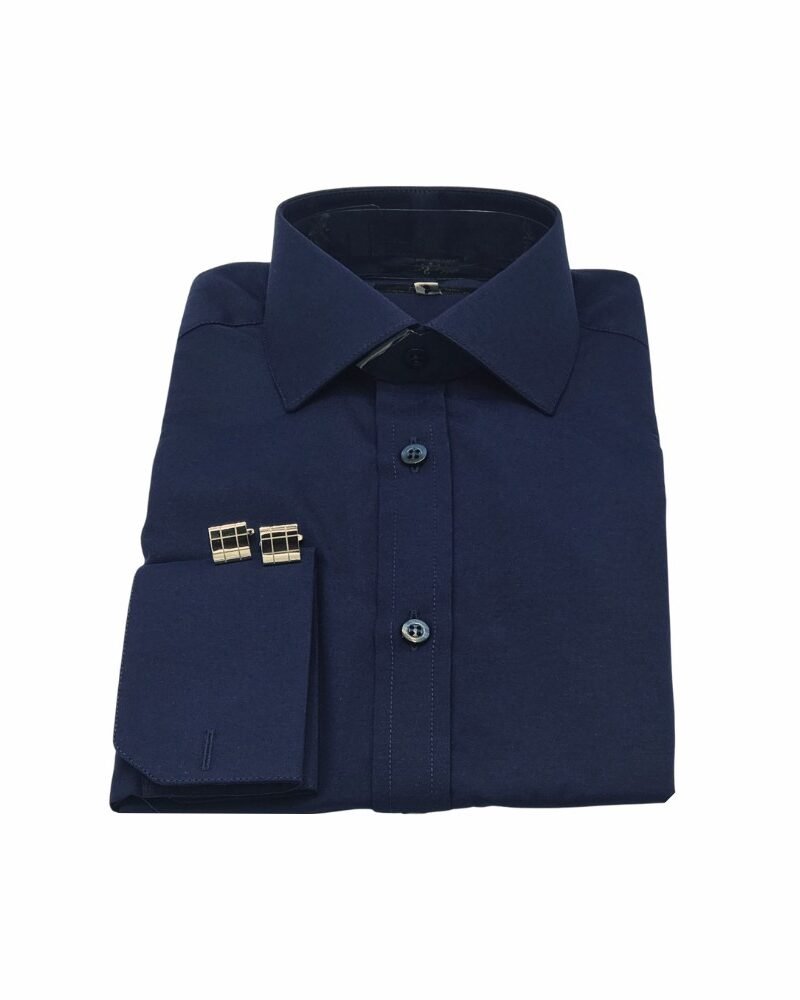 Camisa social azul marinho italiana lisa masculina dobrada