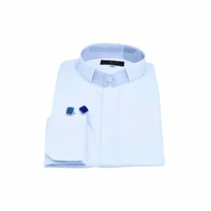 Camisa branca gola padre com vista coberta e punho duplo