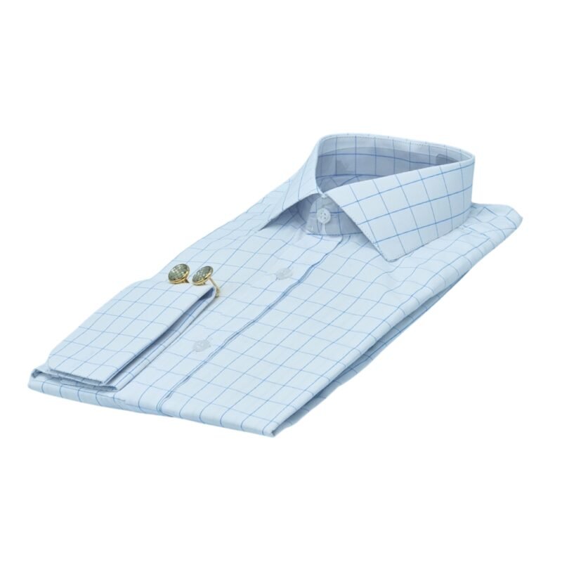 Camisa branca italiana com quadriculado azul vista em ângulo lateral