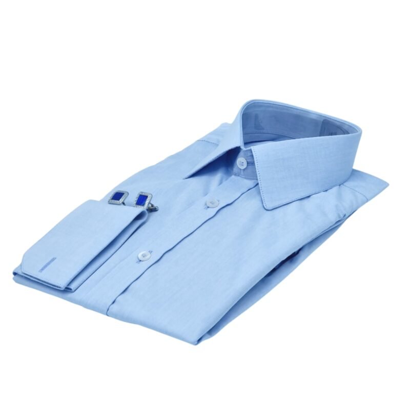Camisa social azul lisa 100% algodão com punho francês dobrada