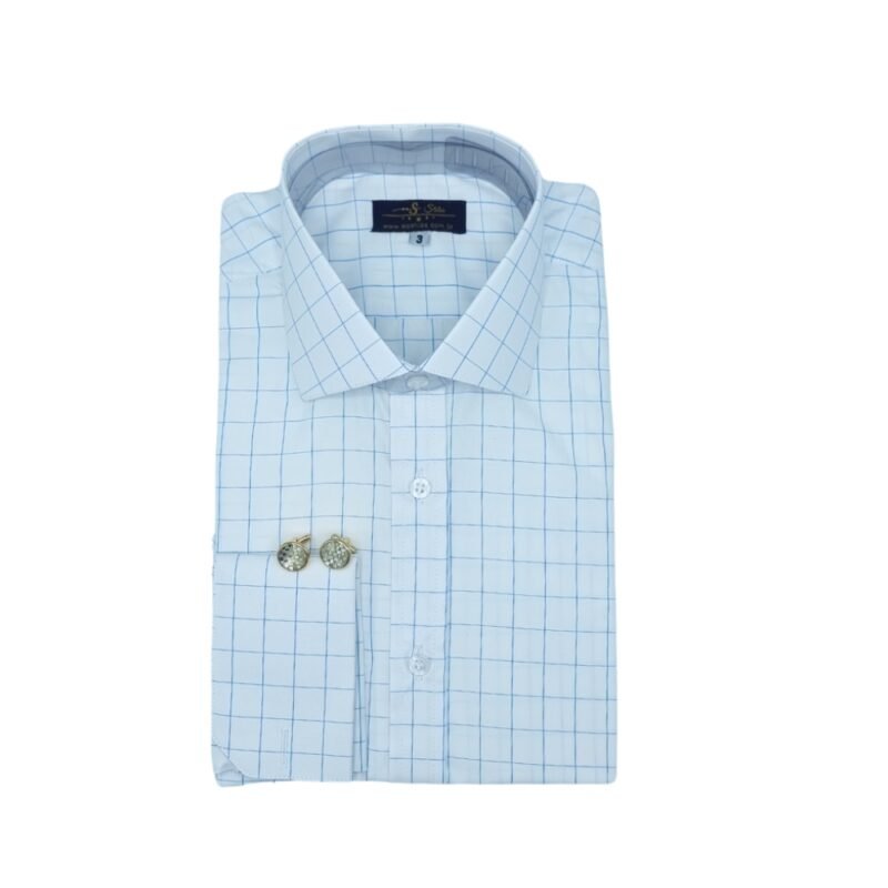 Camisa social masculina branca italiana com quadriculado azul discreto