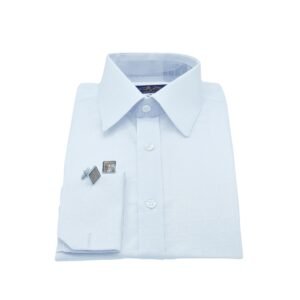 Camisa social masculina branca francesa com padrão quadriculado discreto