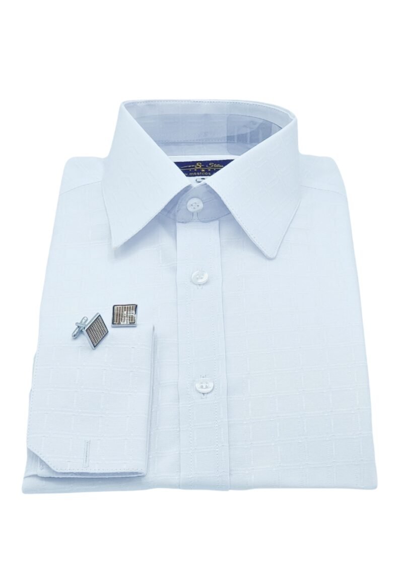 Camisa social masculina branca francesa com padrão quadriculado discreto