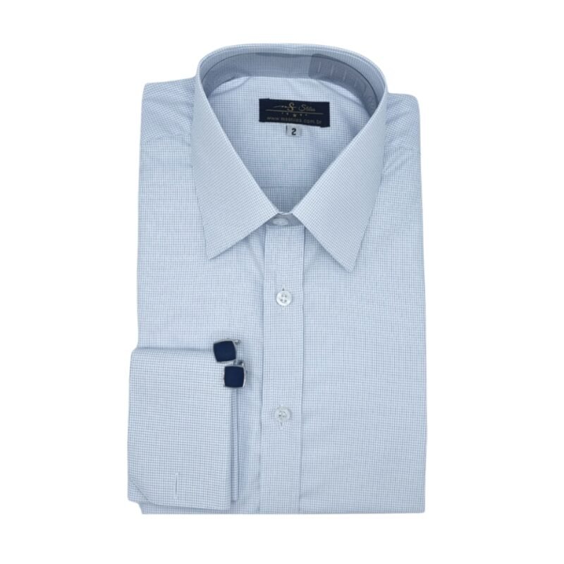 Camisa social azul clarinho com micro estampa quadriculada elegante