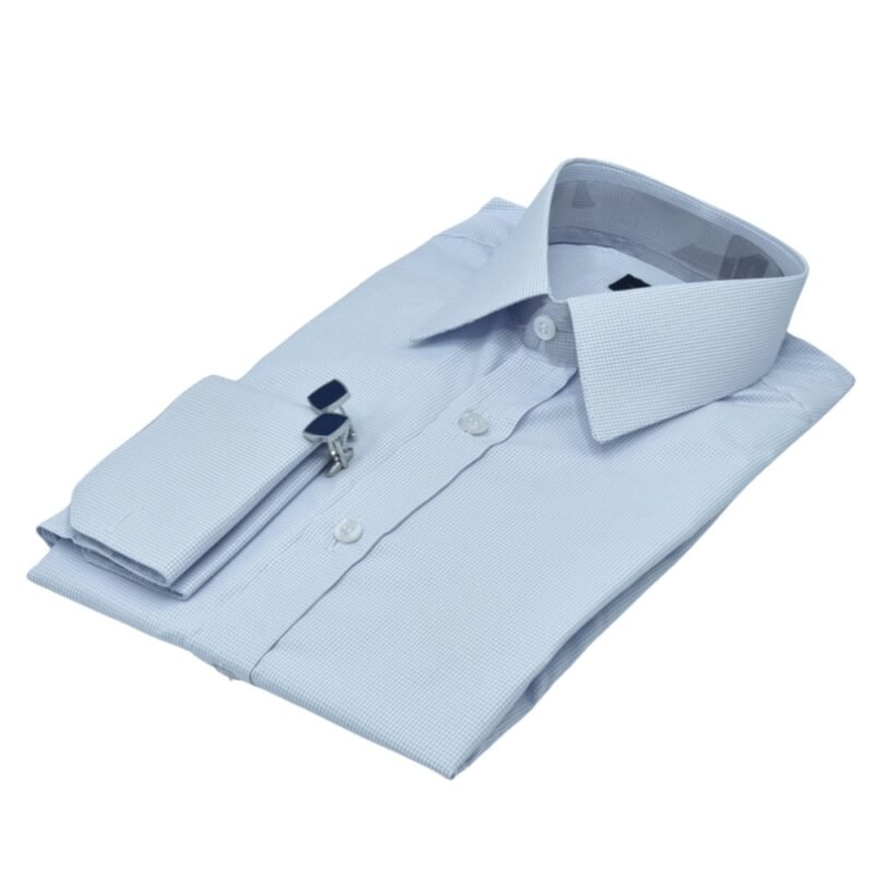 Camisa social azul clarinho quadriculada vista lateral sofisticada