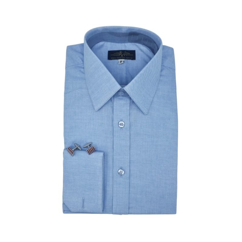 Camisa social azul lisa francesa em tecido nobre algodão