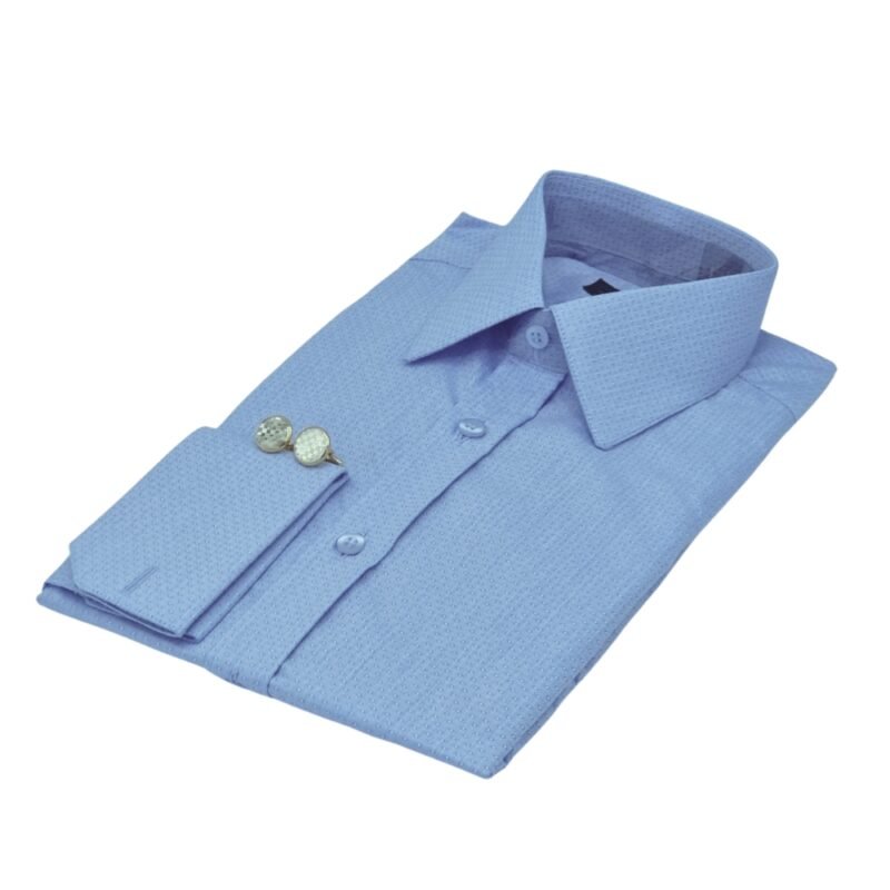 Camisa azul poá francesa vista lateral sofisticada