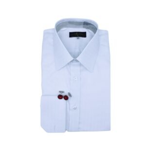 Camisa branca francesa estampa maquinetada discreta com punho duplo elegante