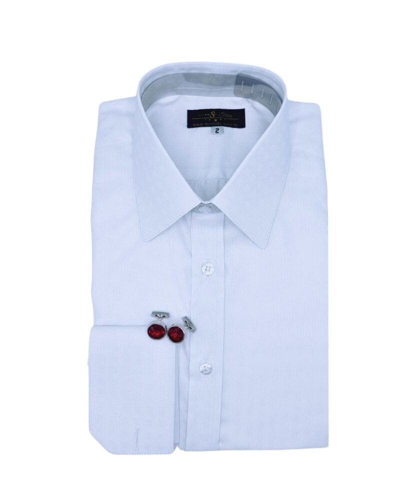 Camisa branca francesa estampa maquinetada discreta com punho duplo elegante