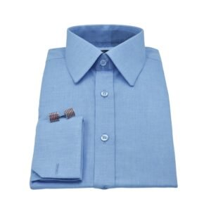Camisa francesa azul lisa 100% algodão com punho duplo elegante