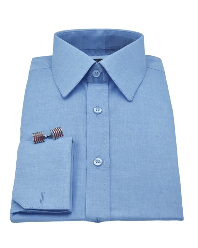 Camisa francesa azul lisa 100% algodão com punho duplo elegante