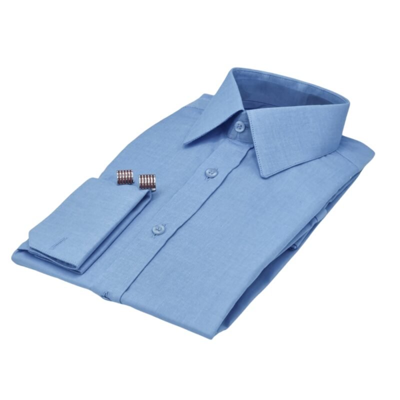 Camisa azul lisa francesa 100% algodão vista lateral elegante