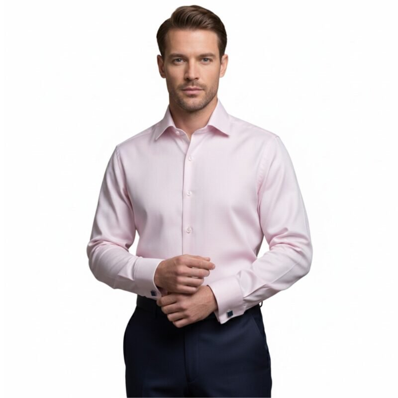 Camisa rosa claro francesa punho duplo em modelo masculino elegante