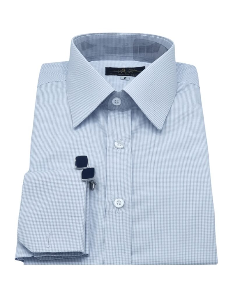 Camisa azul clarinho micro estampa quadriculada com punho francês elegante