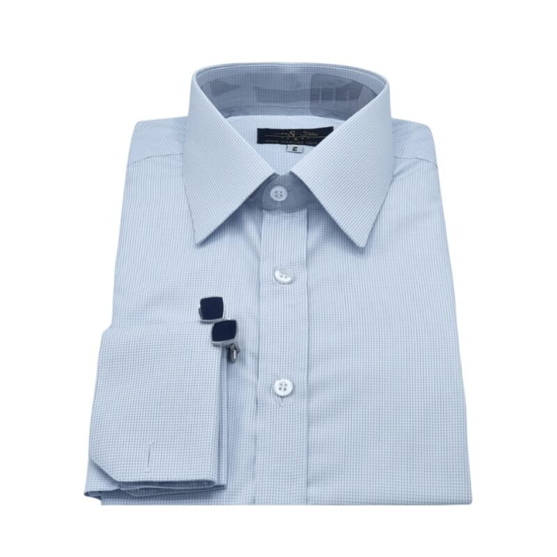 Camisa azul clarinho micro estampa quadriculada com punho francês elegante