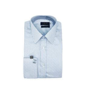 Camisa Francesa Fio Egípcio Branca Listra Azul Tecido Premium