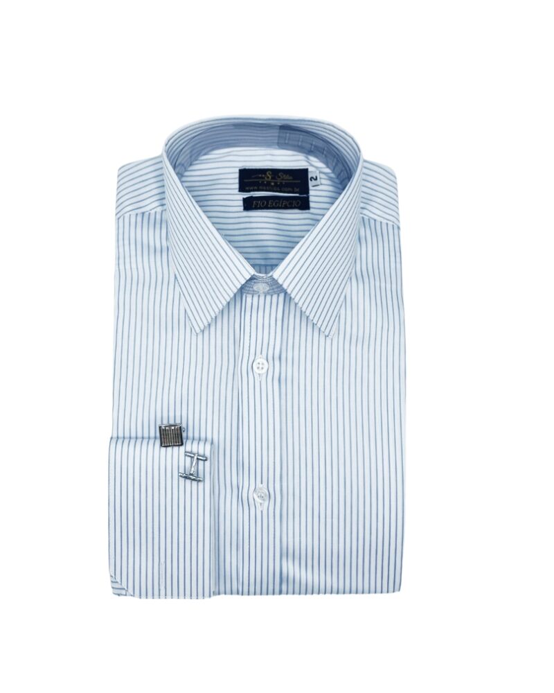 Camisa Francesa Fio Egípcio Branca Listra Azul Tecido Premium