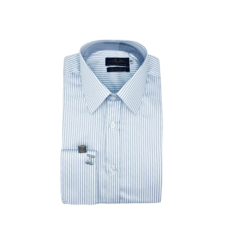 Camisa Francesa Fio Egípcio Branca Listra Azul Tecido Premium