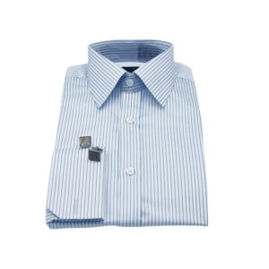 Camisa Francesa Fio Egípcio Branca Listra Azul Tecido Premium
