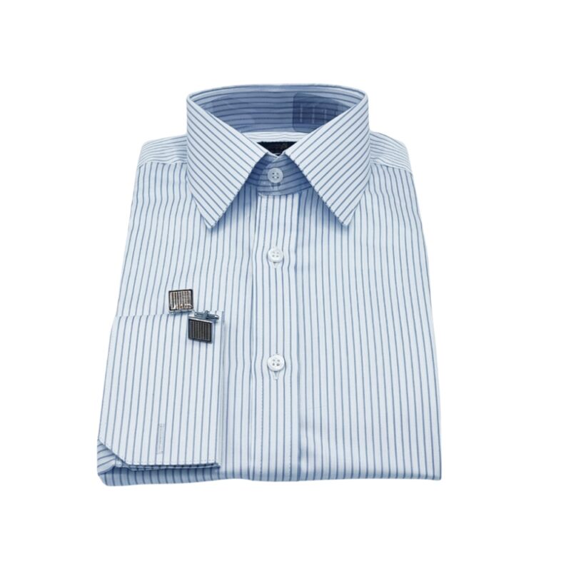 Camisa Francesa Fio Egípcio Branca Listra Azul Tecido Premium