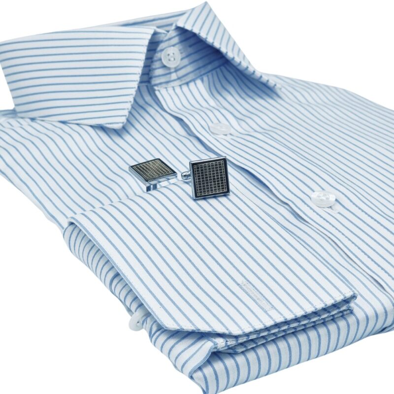 Camisa Francesa Fio Egípcio Branca Listra Azul Tecido Premium