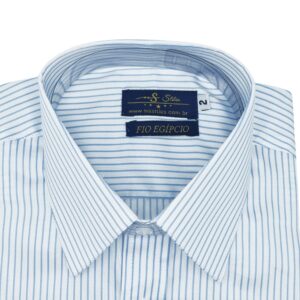 Camisa Francesa Fio Egípcio Branca Listra Azul Tecido Premium