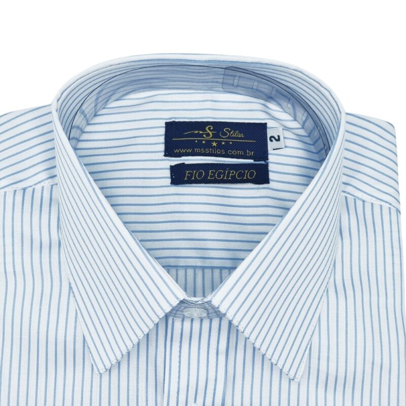 Camisa Francesa Fio Egípcio Branca Listra Azul Tecido Premium