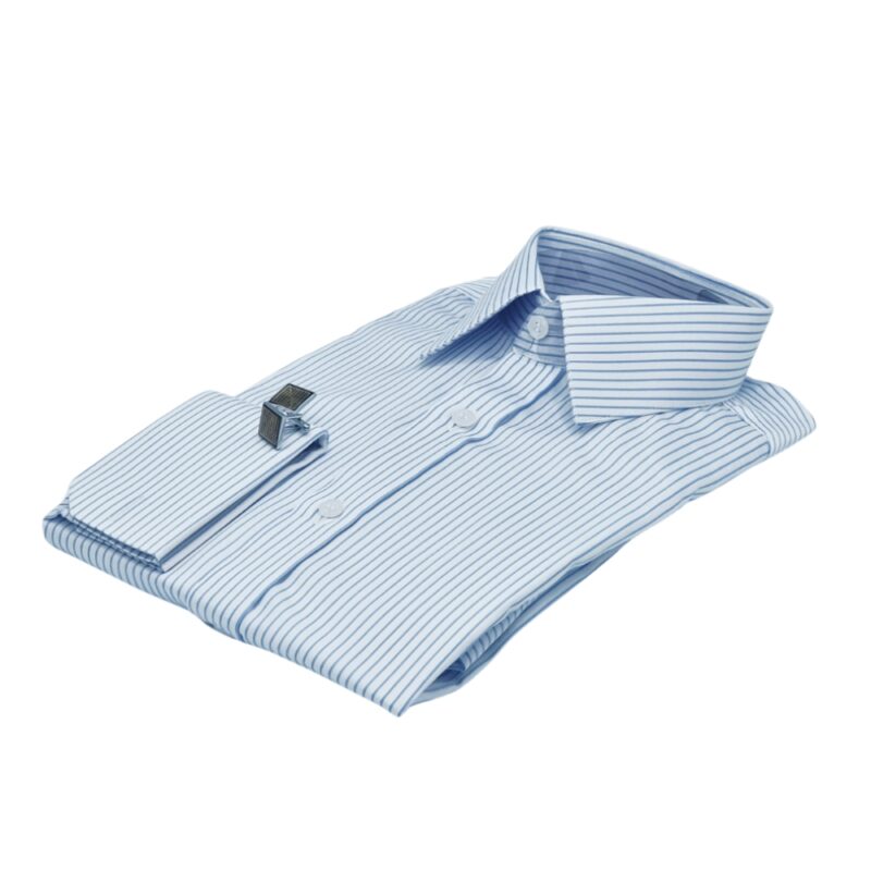 Camisa Francesa Fio Egípcio Branca Listra Azul Tecido Premium