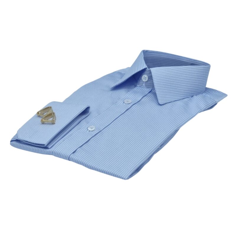 Camisa Francesa Fio Egípcio Azul Listra Branca Tecido Premium