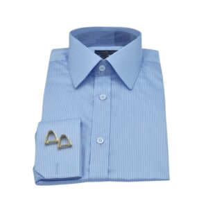 Camisa Francesa Fio Egípcio Azul Listra Branca Tecido Premium