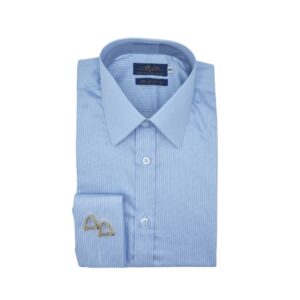 Camisa Francesa Fio Egípcio Azul Listra Branca Tecido Premium