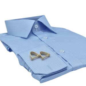 Camisa Francesa Fio Egípcio Azul Listra Branca Tecido Premium