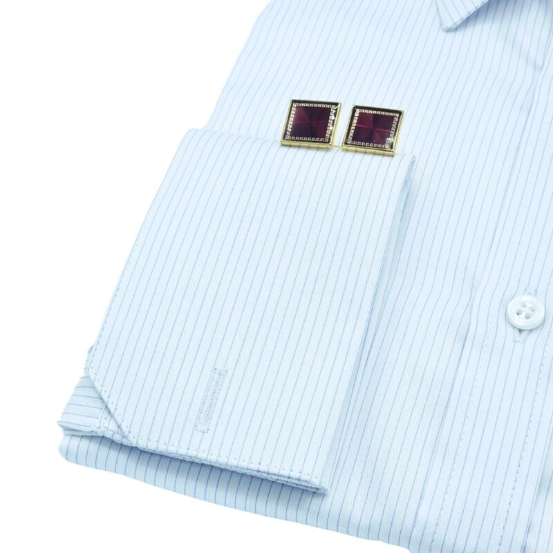 Camisa Francesa Fio Egípcio Branca Listra Azul Tecido Premium