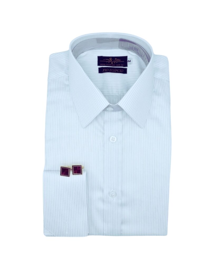 Camisa Francesa Fio Egípcio Branca Listra Azul Tecido Premium