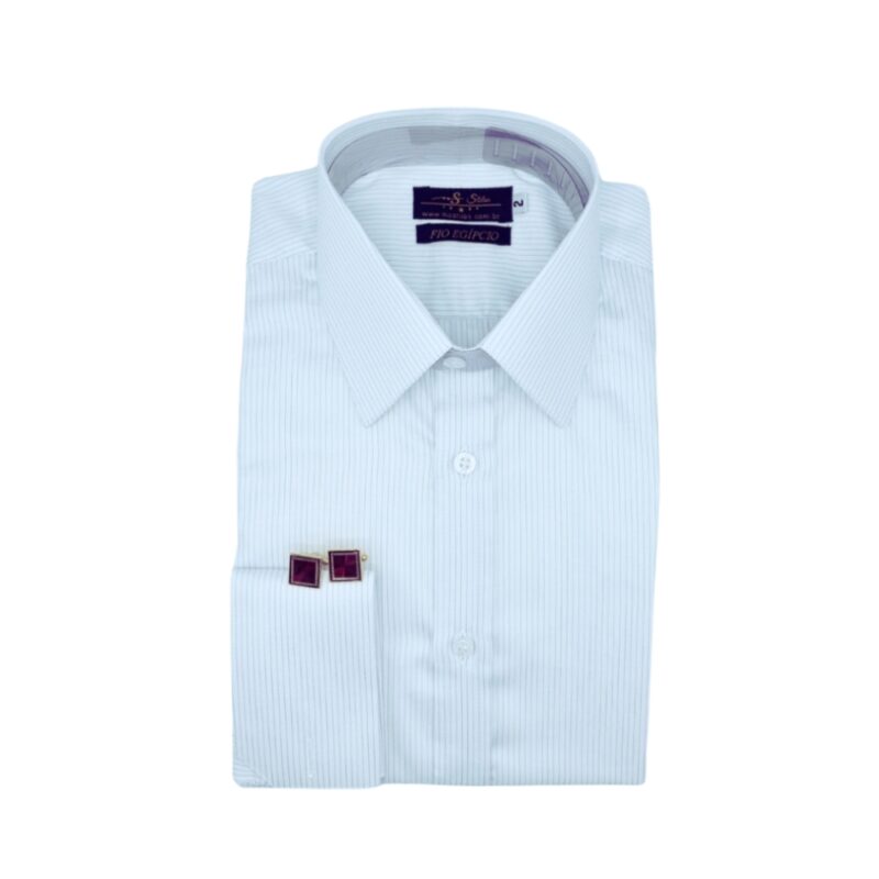 Camisa Francesa Fio Egípcio Branca Listra Azul Tecido Premium