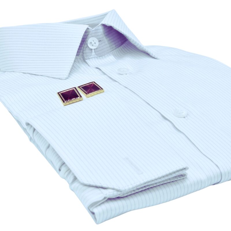 Camisa Francesa Fio Egípcio Branca Listra Azul Tecido Premium